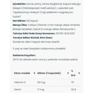 Venatura Demir Bisgilisinat Vitamin C 90 Kapsül