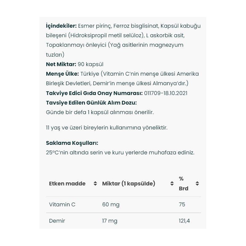 Venatura Demir Bisgilisinat Vitamin C 90 Kapsül