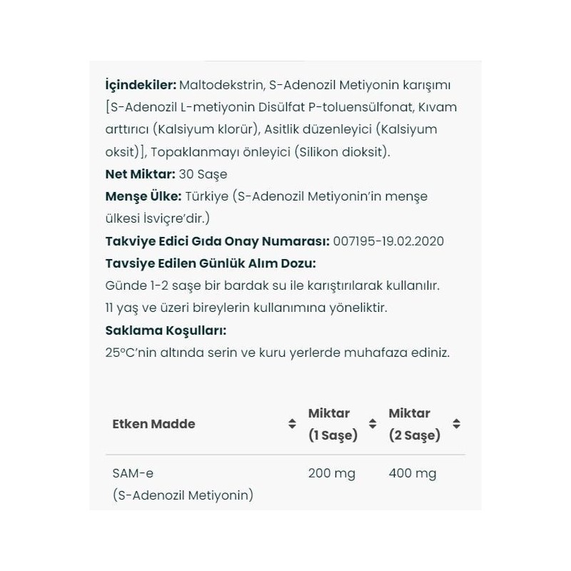 Venatura SAM-e (S-ADENOZİL METİYONİN) 30 Şase